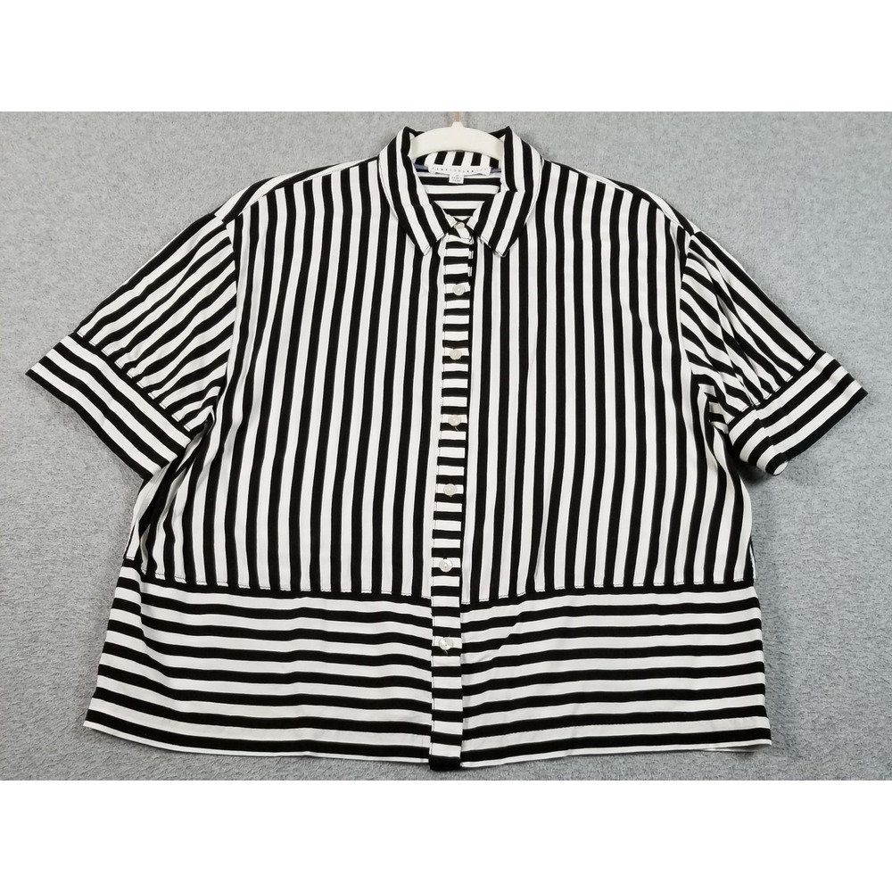 Jane + Delancey Button Up Shirt Womens M Medium Black White Striped Short Sleeve